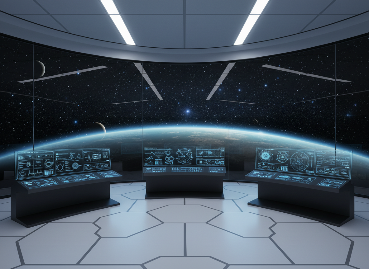 An expansive, photographic interior of a minimalist space control center without any humans, featuring a curved glass wall that reveals a vast starfield and a glowing horizon of a nearby planet. Sleek, matte-black consoles with holographic blue interfaces are arranged in an elegant arc, each showing orbital trajectories, energy grids, and terraforming progress visualizations. Overhead, recessed white lighting creates a clean, even illumination with subtle reflections on polished floor panels. The mood is calm, strategic, and highly professional. Shot from a slightly low, wide-angle position, the image emphasizes depth and scale, with sharp focus throughout, conveying organized control over the future evolution of space environments.