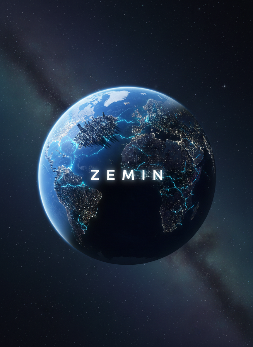 A high-resolution, photographic view of a sleek, cobalt-blue planet named “zemin,” half in shadow, suspended above the curve of a futuristic city built into its crust. The surface shows illuminated geometric structures and glowing network lines tracing continents, suggesting advanced technology reshaping the world. In the distance, nebulae and distant stars form a subtle, professional backdrop. Cool white rim lighting from a nearby star defines the planet’s edge, while soft ambient light keeps the city details visible. Shot from a slightly elevated, wide-angle perspective, with sharp focus throughout, the composition centers the planet in a clean, modern aesthetic that conveys the idea of the future being redesigned in space.