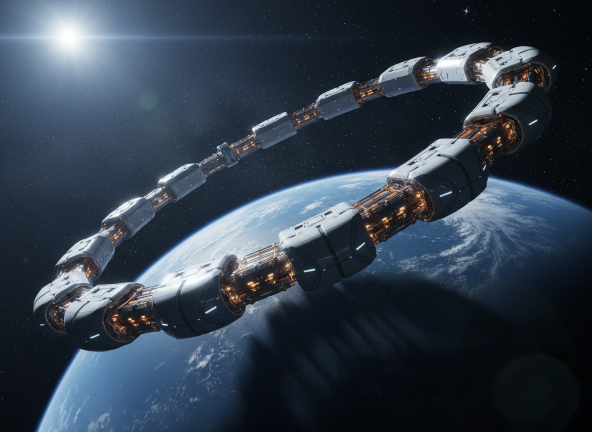 A dramatic, photographic scene of a fleet of autonomous, glossy white orbital construction modules assembling a modular ring structure around a deep-blue planet. The ring segments are metallic silver with glowing amber connection points, symbolizing infrastructure that is literally reshaping the future in orbit. The background features a subtle, dark nebula and scattered stars, with one bright star casting a cool, directional light that creates strong highlights and long shadows across the modules. Captured from a low-angle, cinematic perspective, the composition uses asymmetrical balance, with the incomplete ring arcing through the frame. The atmosphere is bold and ambitious, aligning with a professional, forward-looking space business brand.