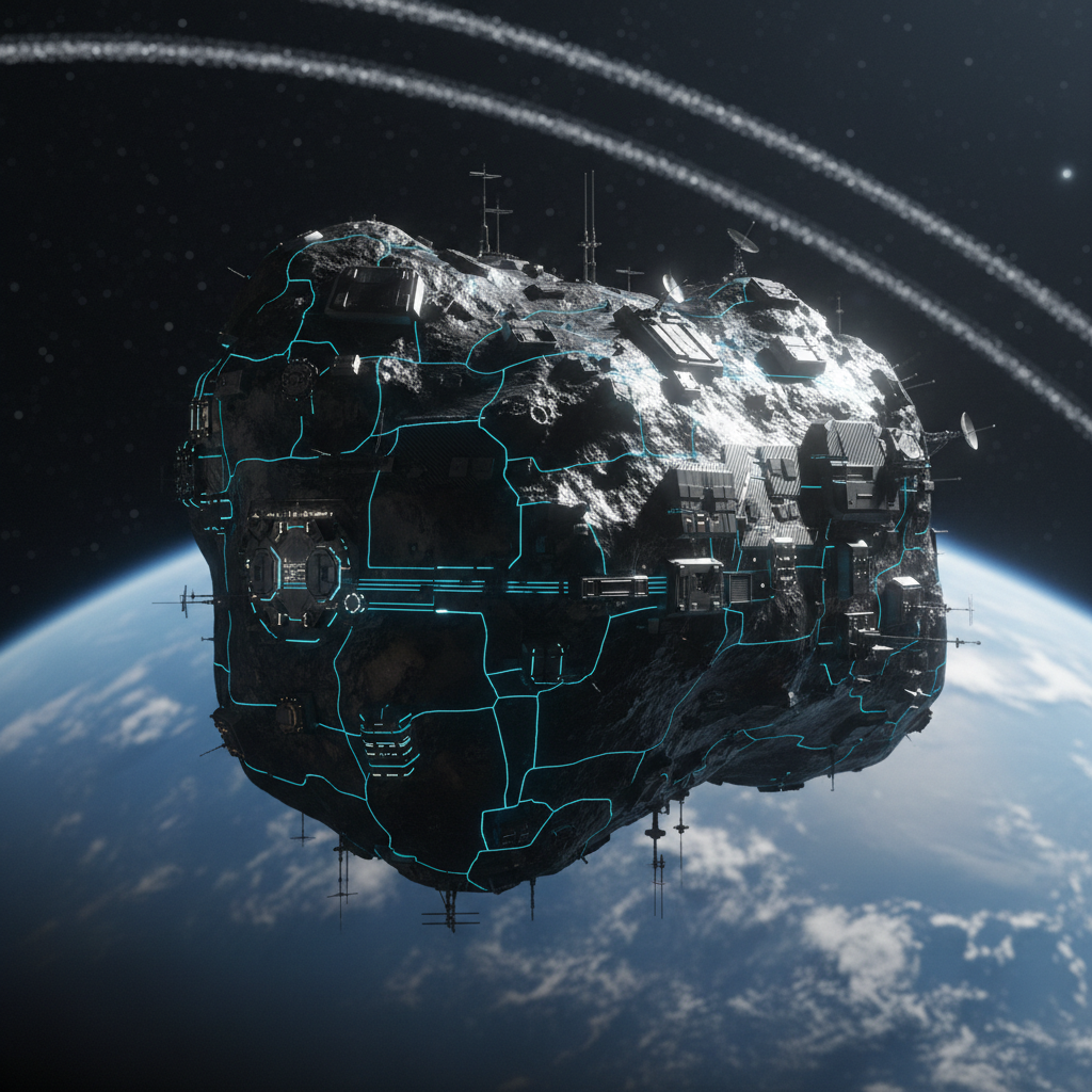 A detailed, photographic close-up of a dark metallic asteroid that has been partially transformed into a structured research hub, with precise glowing cyan lines carved into its surface like circuitry. Tiny docking bays and antenna arrays emerge from the rock, all meticulously engineered. The asteroid floats above a softly lit blue planet, with thin orbital rings crossing the background. Cold, directional light from an off-frame sun creates crisp highlights on metal edges and gentle shadows in rock crevices. Captured from a three-quarter angle with moderate depth of field, the composition follows the rule of thirds for a balanced, professional look, emphasizing innovation and the systematic reshaping of space resources.